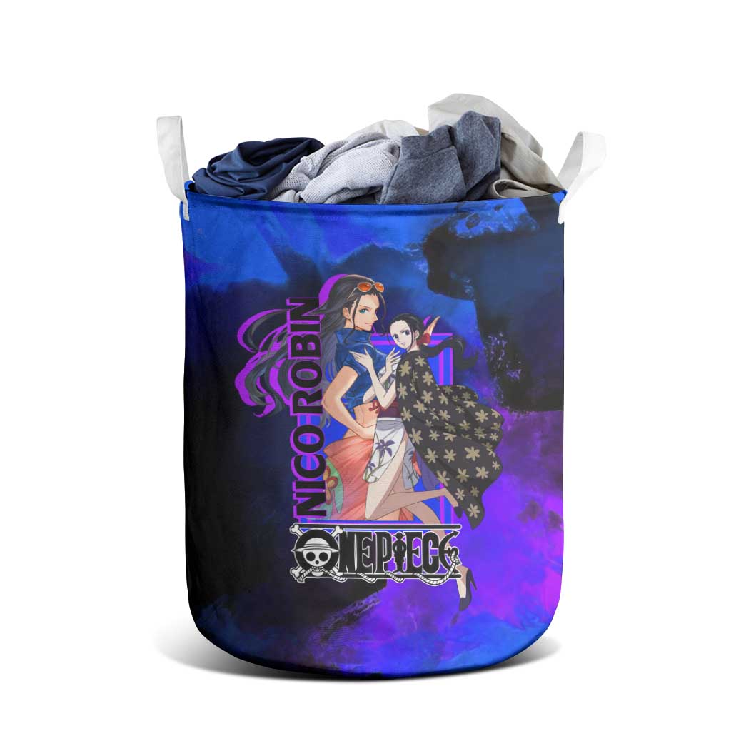 Nico Robin One Piece Purple and Blue Theme Laundry Basket with Floral Cape and Archaeologist Pose Design - The Mazicc