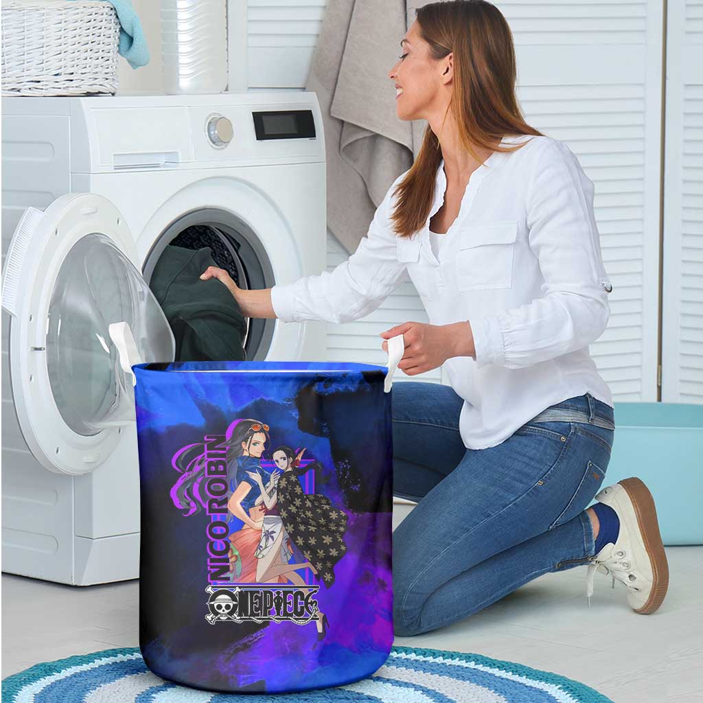 Nico Robin One Piece Purple and Blue Theme Laundry Basket with Floral Cape and Archaeologist Pose Design - The Mazicc