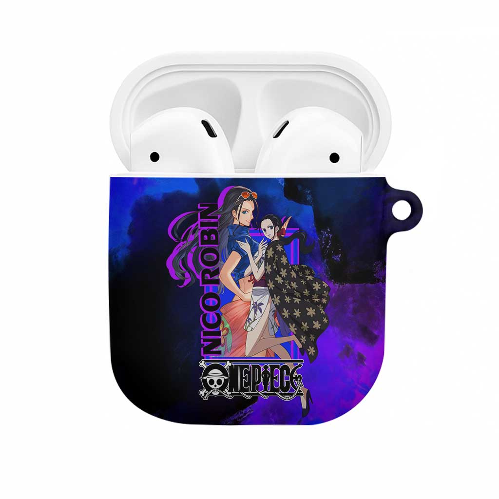 Nico Robin One Piece Purple and Blue Theme AirPods Case with Floral Cape and Archaeologist Pose Design - The Mazicc