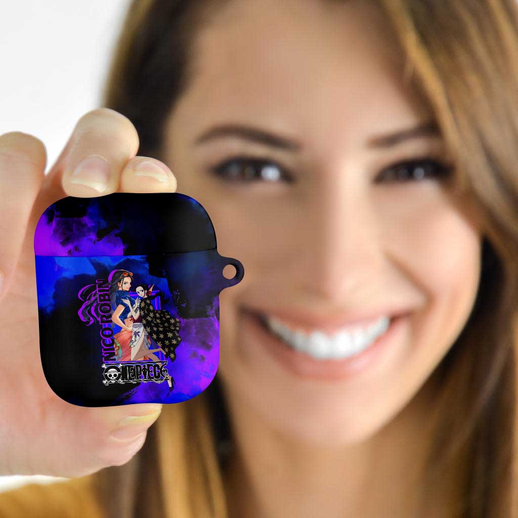 Nico Robin One Piece Purple and Blue Theme AirPods Case with Floral Cape and Archaeologist Pose Design - The Mazicc