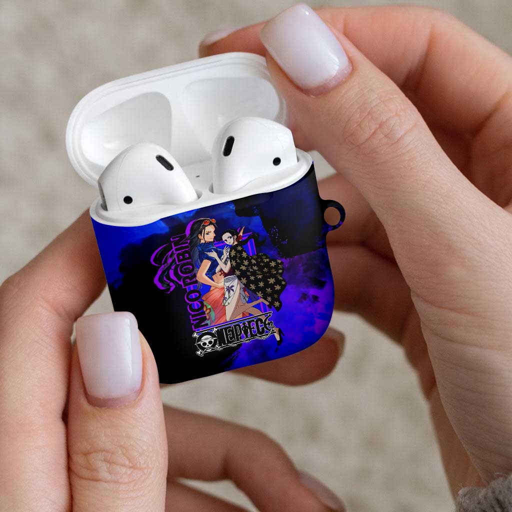 Nico Robin One Piece Purple and Blue Theme AirPods Case with Floral Cape and Archaeologist Pose Design - The Mazicc
