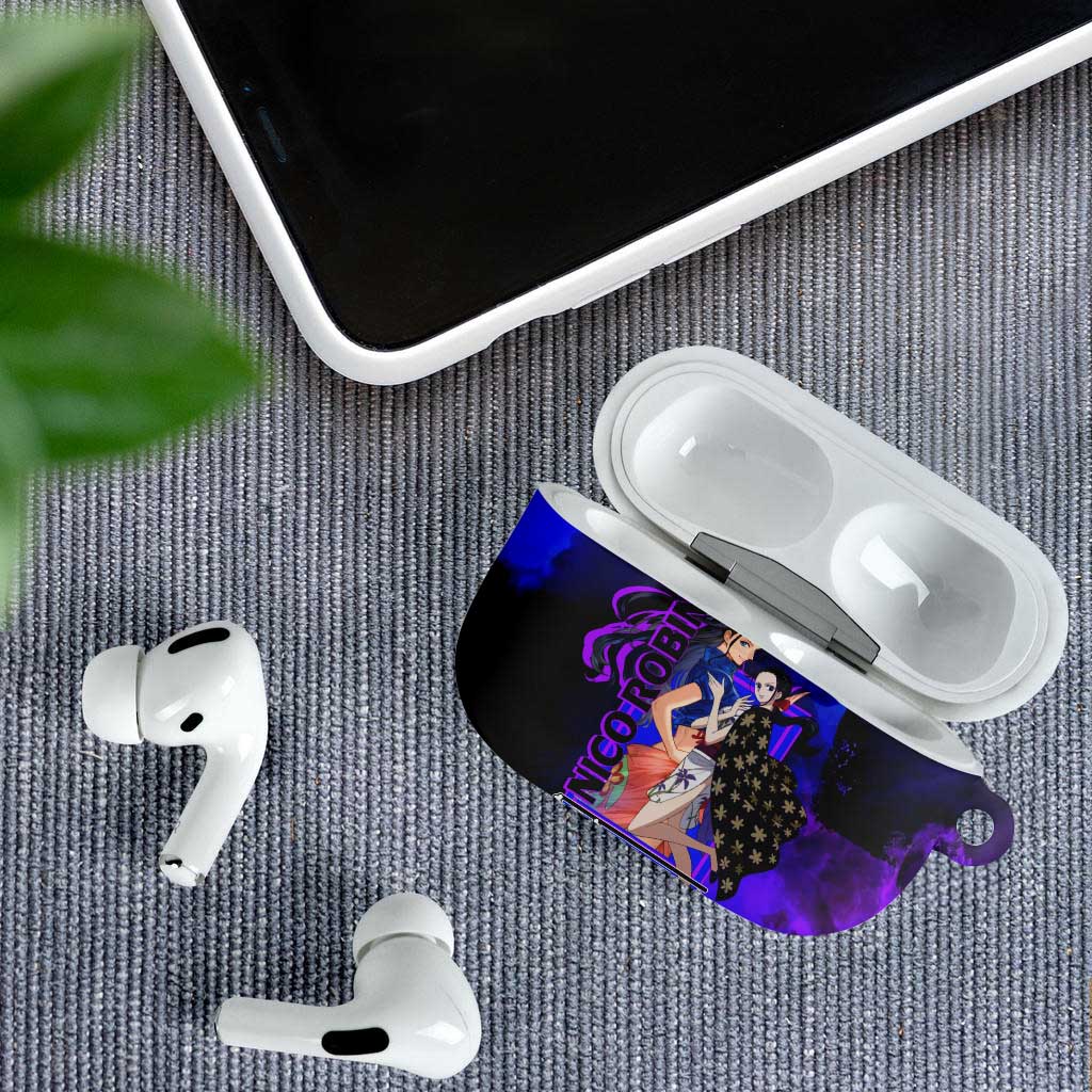 Nico Robin One Piece Purple and Blue Theme AirPods Case with Floral Cape and Archaeologist Pose Design - The Mazicc