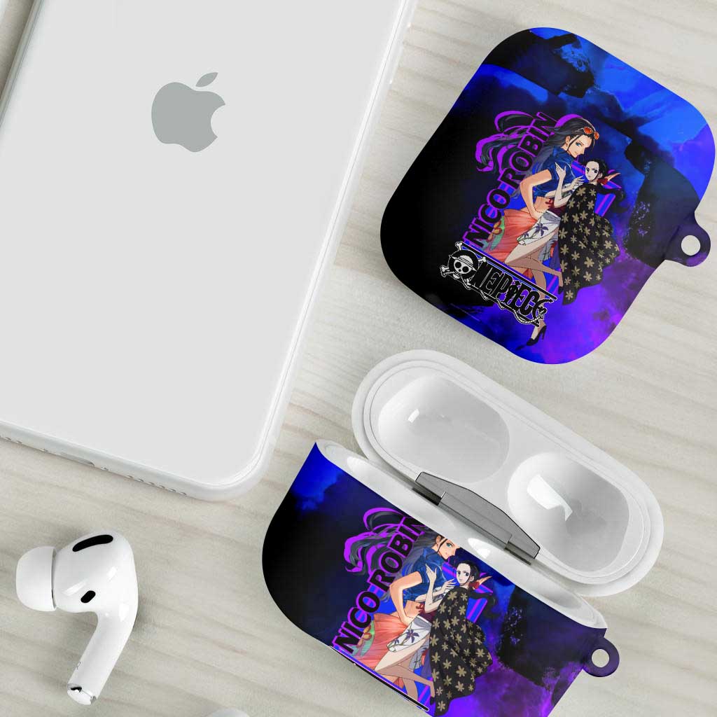 Nico Robin One Piece Purple and Blue Theme AirPods Case with Floral Cape and Archaeologist Pose Design - The Mazicc