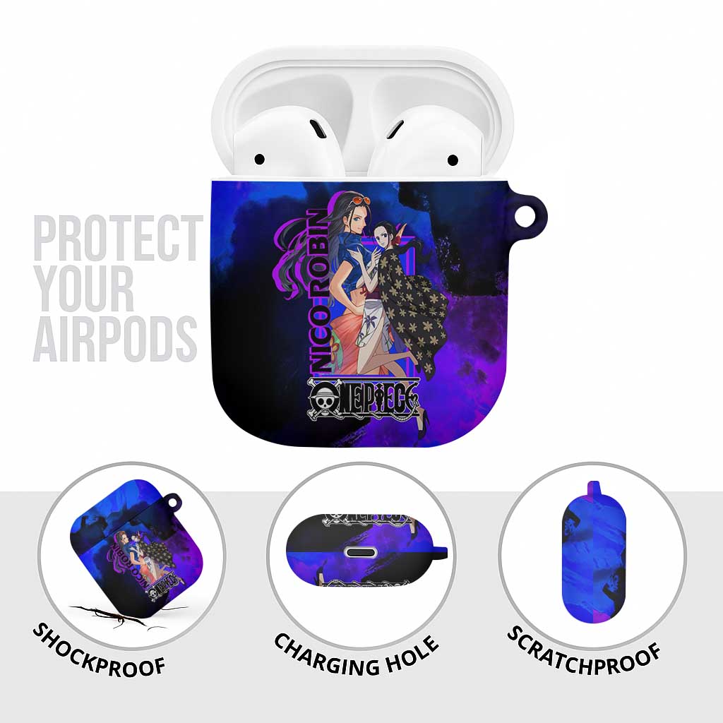 Nico Robin One Piece Purple and Blue Theme AirPods Case with Floral Cape and Archaeologist Pose Design - The Mazicc