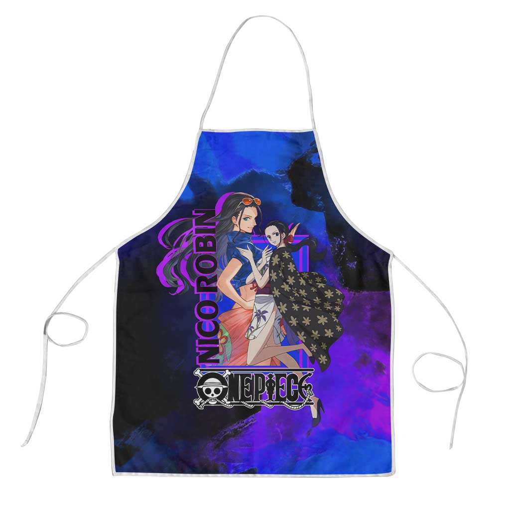 Nico Robin One Piece Purple and Blue Theme Apron with Floral Cape and Archaeologist Pose Design - The Mazicc