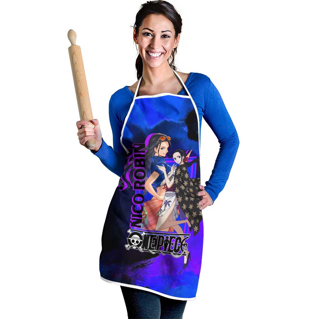 Nico Robin One Piece Purple and Blue Theme Apron with Floral Cape and Archaeologist Pose Design - The Mazicc