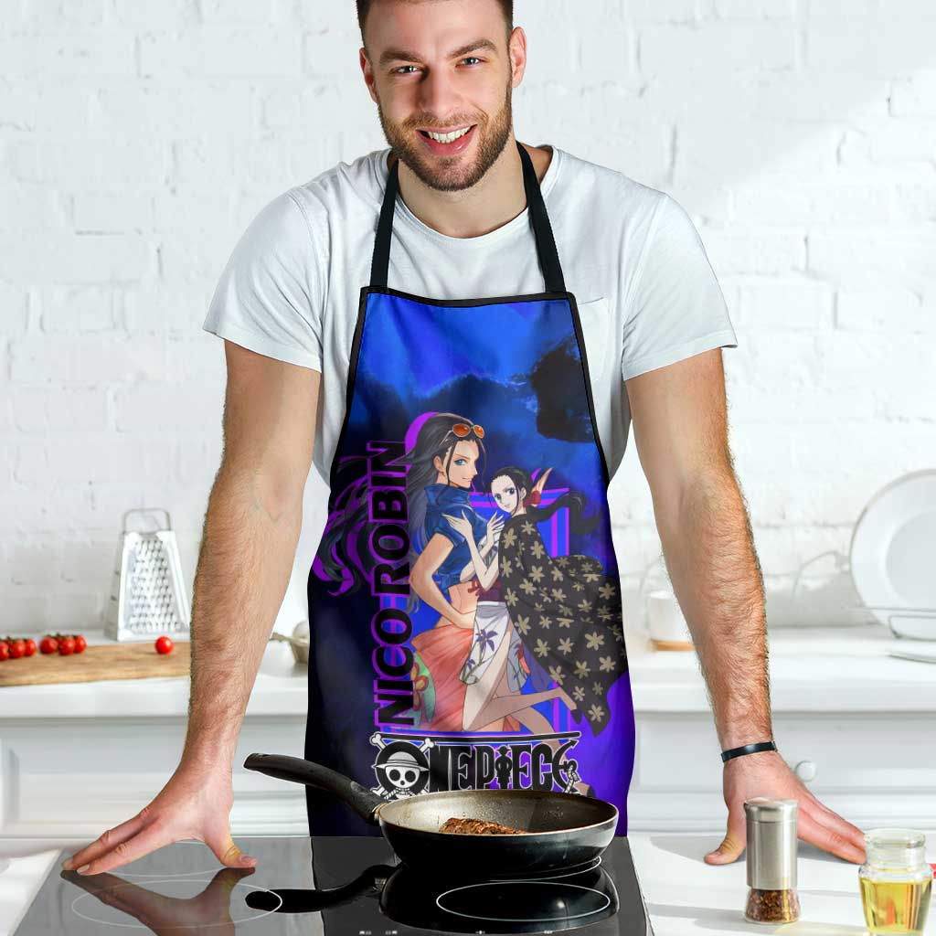 Nico Robin One Piece Purple and Blue Theme Apron with Floral Cape and Archaeologist Pose Design - The Mazicc