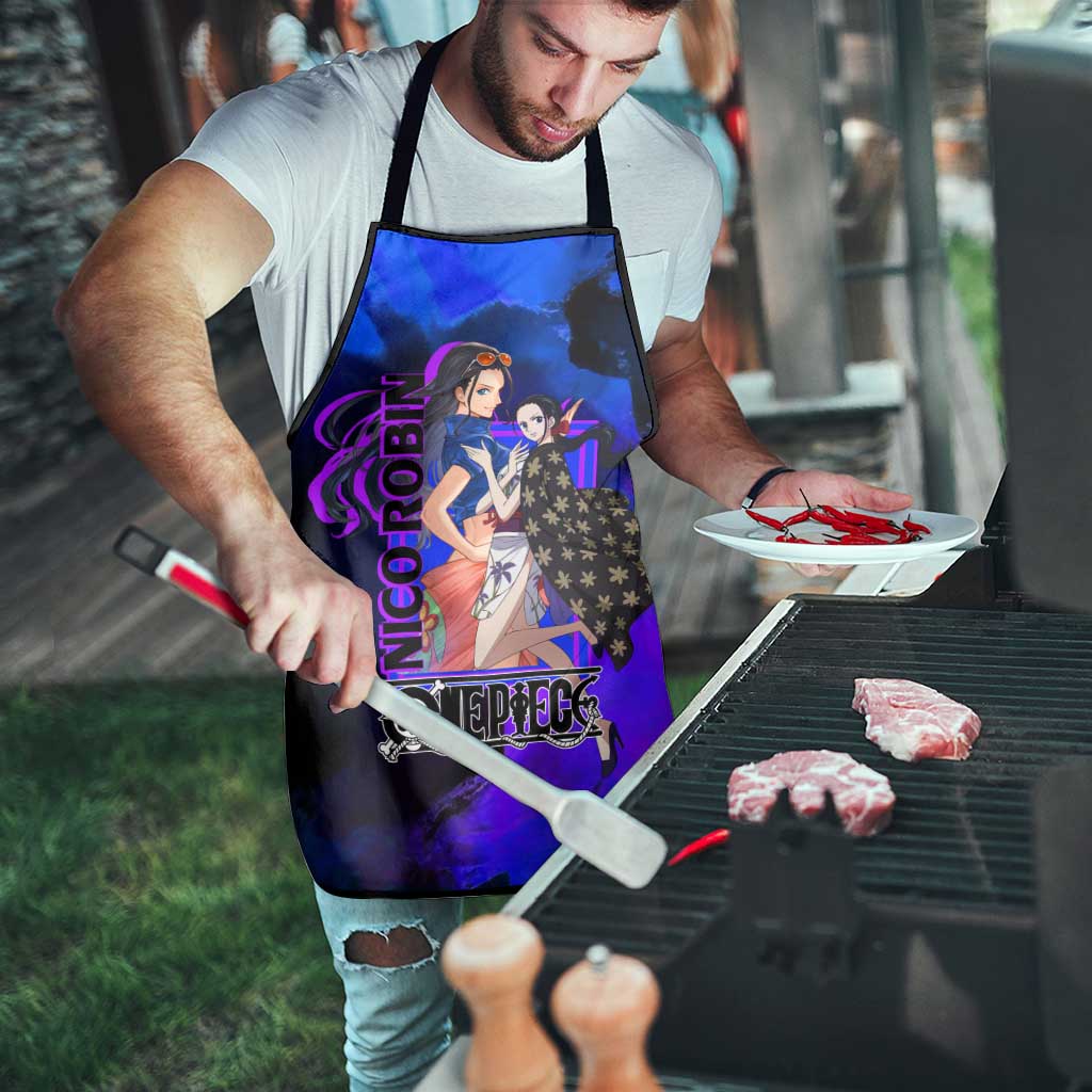 Nico Robin One Piece Purple and Blue Theme Apron with Floral Cape and Archaeologist Pose Design - The Mazicc