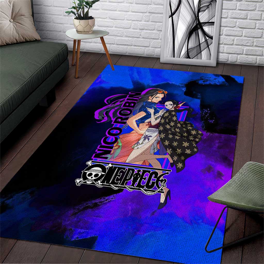 Nico Robin One Piece Purple and Blue Theme Area Rug with Floral Cape and Archaeologist Pose Design - The Mazicc