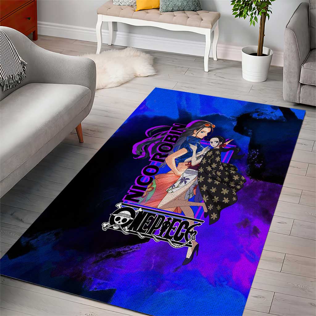 Nico Robin One Piece Purple and Blue Theme Area Rug with Floral Cape and Archaeologist Pose Design - The Mazicc