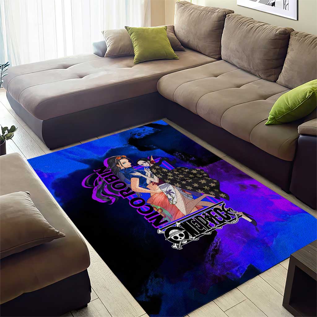 Nico Robin One Piece Purple and Blue Theme Area Rug with Floral Cape and Archaeologist Pose Design - The Mazicc