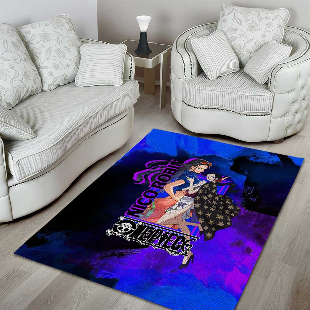 Nico Robin One Piece Purple and Blue Theme Area Rug with Floral Cape and Archaeologist Pose Design - The Mazicc