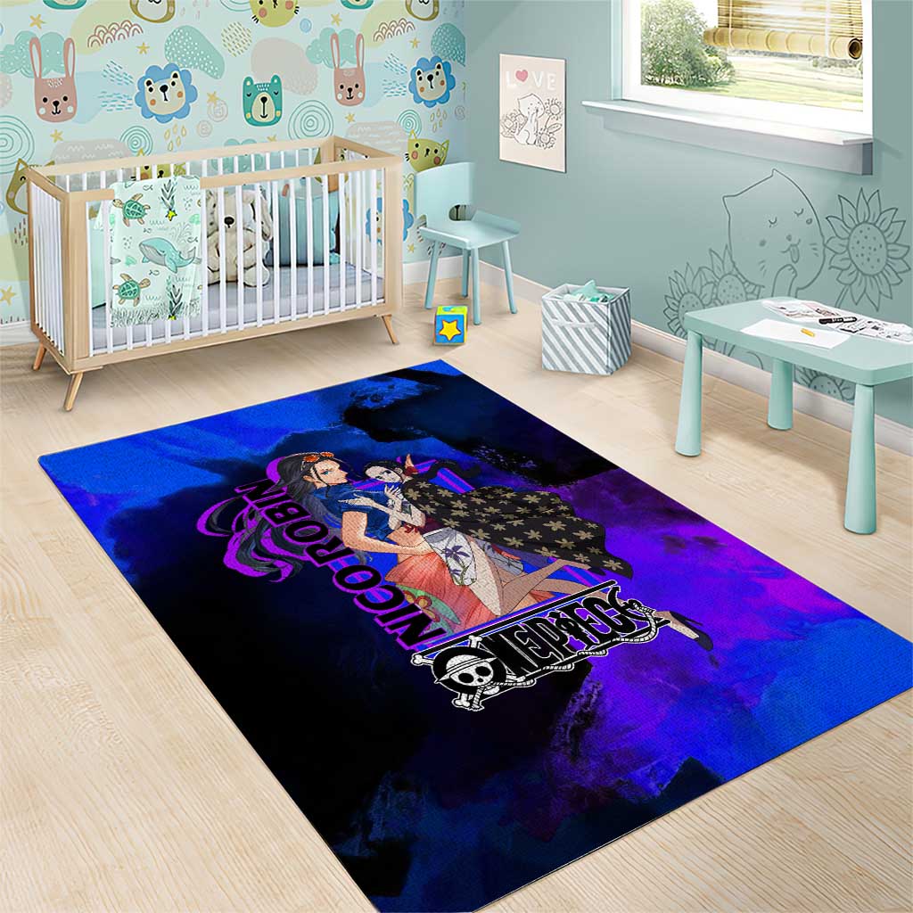 Nico Robin One Piece Purple and Blue Theme Area Rug with Floral Cape and Archaeologist Pose Design - The Mazicc