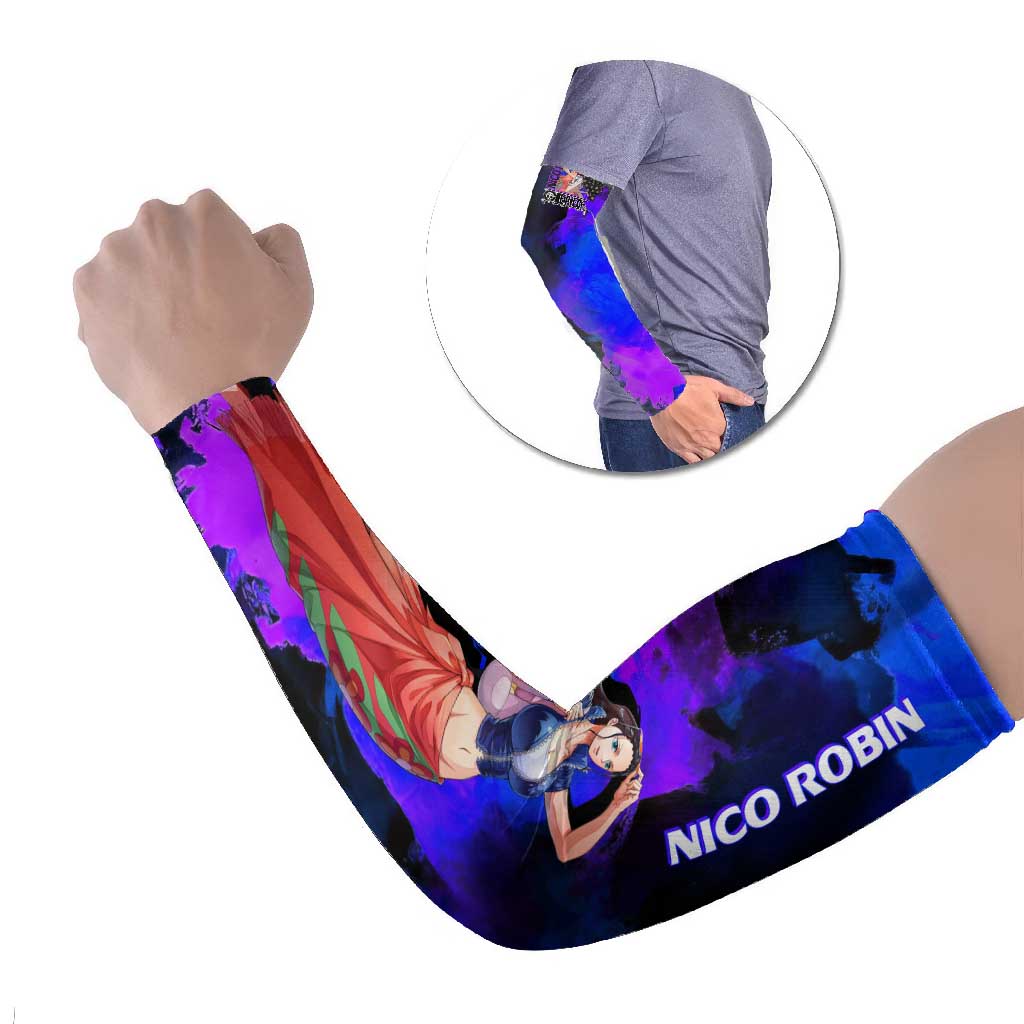 Nico Robin One Piece Purple and Blue Theme Arm Sleeves with Floral Cape and Archaeologist Pose Design - The Mazicc