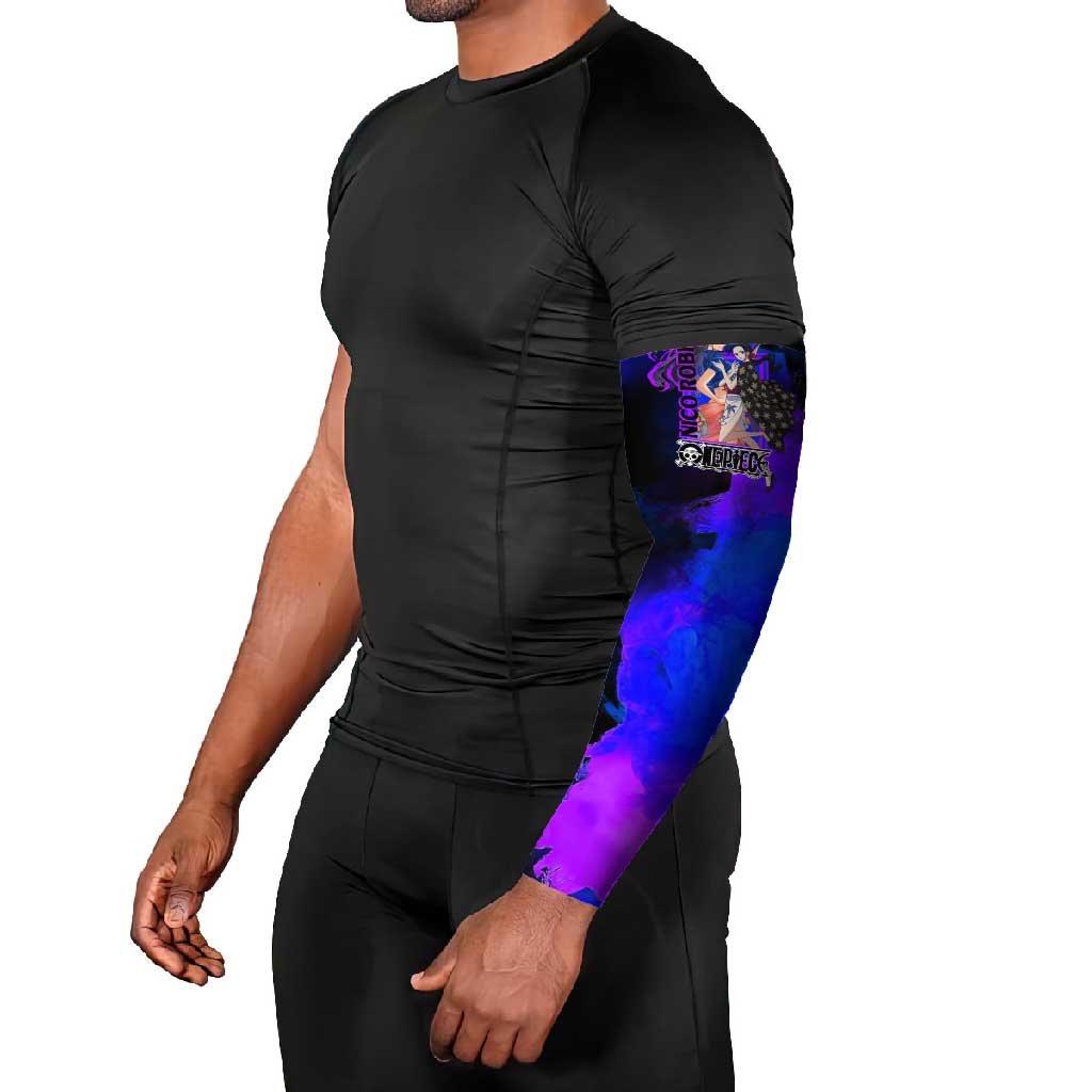 Nico Robin One Piece Purple and Blue Theme Arm Sleeves with Floral Cape and Archaeologist Pose Design - The Mazicc