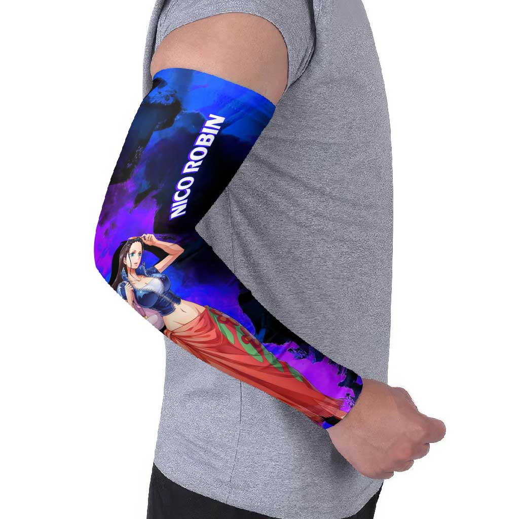 Nico Robin One Piece Purple and Blue Theme Arm Sleeves with Floral Cape and Archaeologist Pose Design - The Mazicc