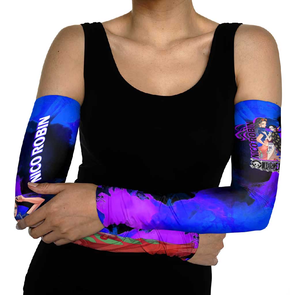 Nico Robin One Piece Purple and Blue Theme Arm Sleeves with Floral Cape and Archaeologist Pose Design - The Mazicc