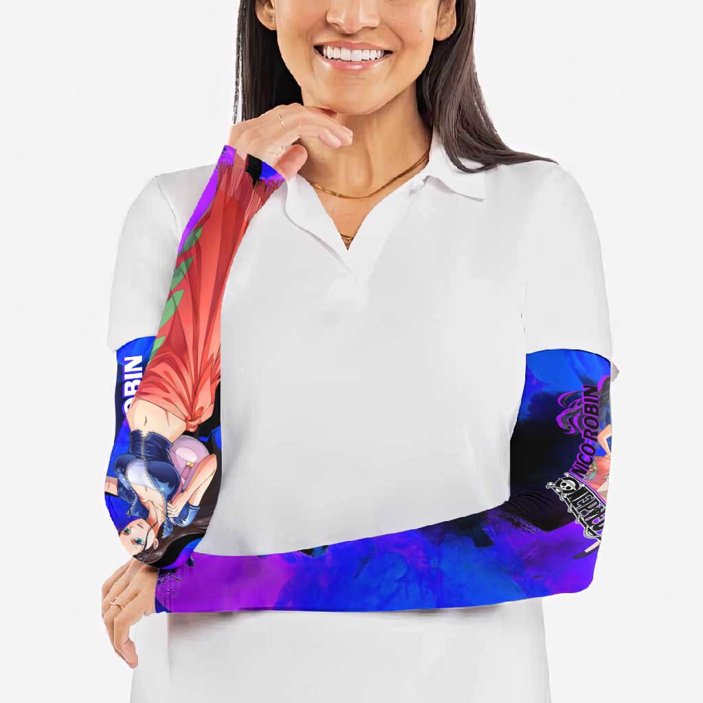 Nico Robin One Piece Purple and Blue Theme Arm Sleeves with Floral Cape and Archaeologist Pose Design - The Mazicc