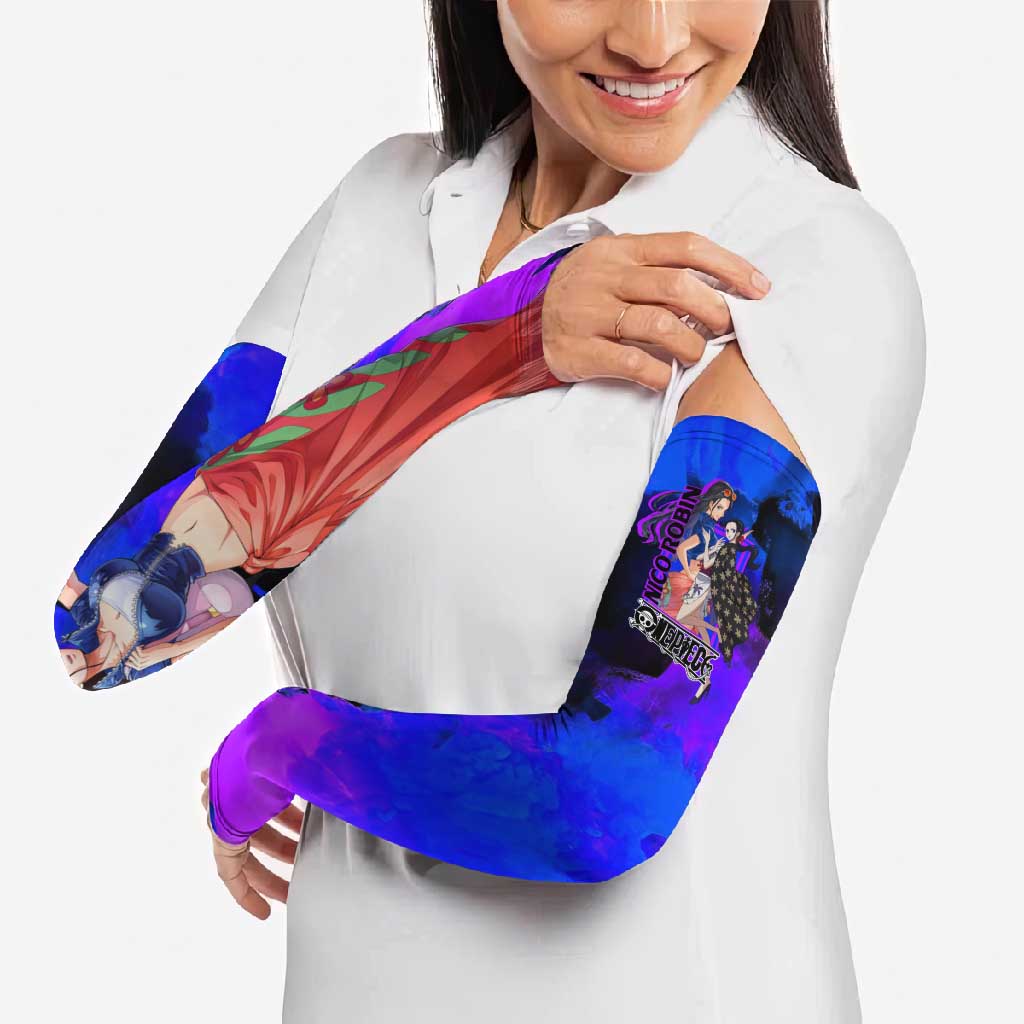 Nico Robin One Piece Purple and Blue Theme Arm Sleeves with Floral Cape and Archaeologist Pose Design - The Mazicc