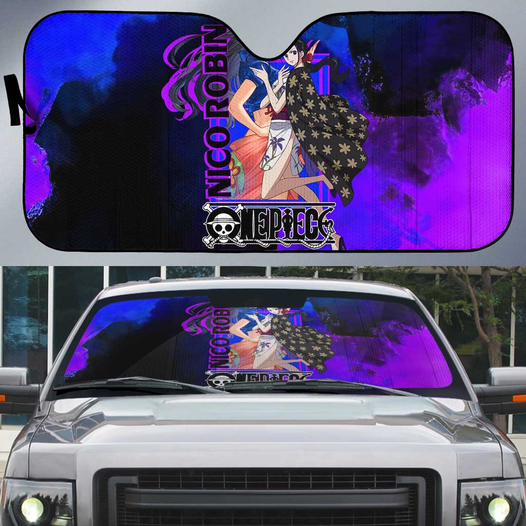 Nico Robin One Piece Purple and Blue Theme Auto Sun Shade with Floral Cape and Archaeologist Pose Design - The Mazicc