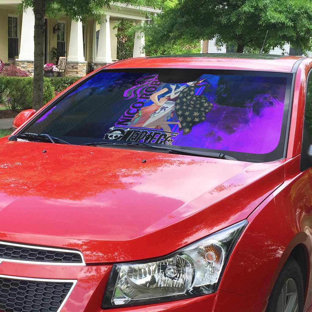 Nico Robin One Piece Purple and Blue Theme Auto Sun Shade with Floral Cape and Archaeologist Pose Design - The Mazicc