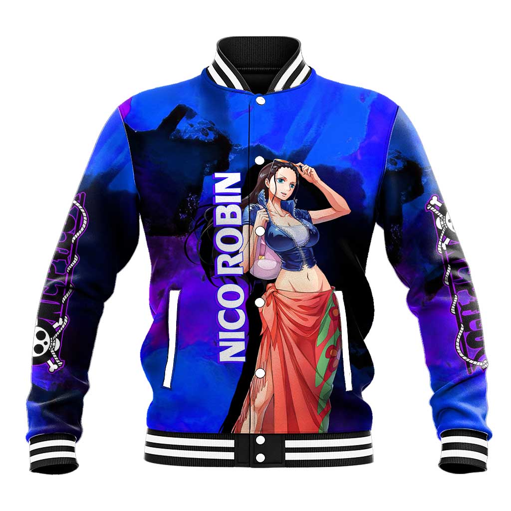 Nico Robin One Piece Purple and Blue Theme Baseball Jacket with Floral Cape and Archaeologist Pose Design - The Mazicc