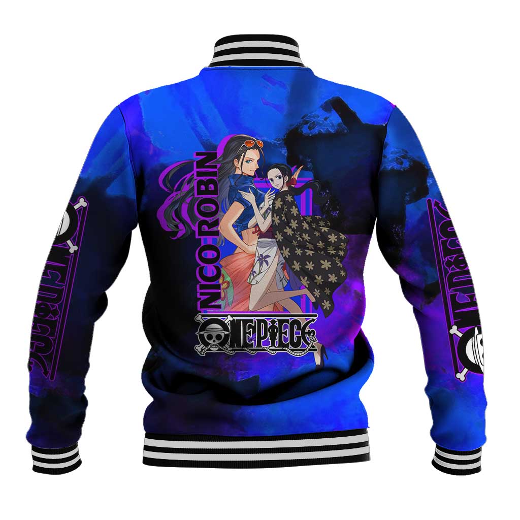 Nico Robin One Piece Purple and Blue Theme Baseball Jacket with Floral Cape and Archaeologist Pose Design - The Mazicc