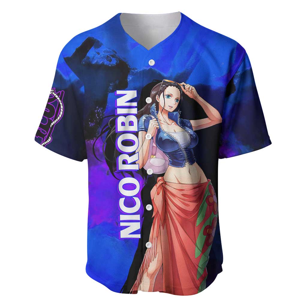 Nico Robin One Piece Purple and Blue Theme Baseball Jersey with Floral Cape and Archaeologist Pose Design - The Mazicc