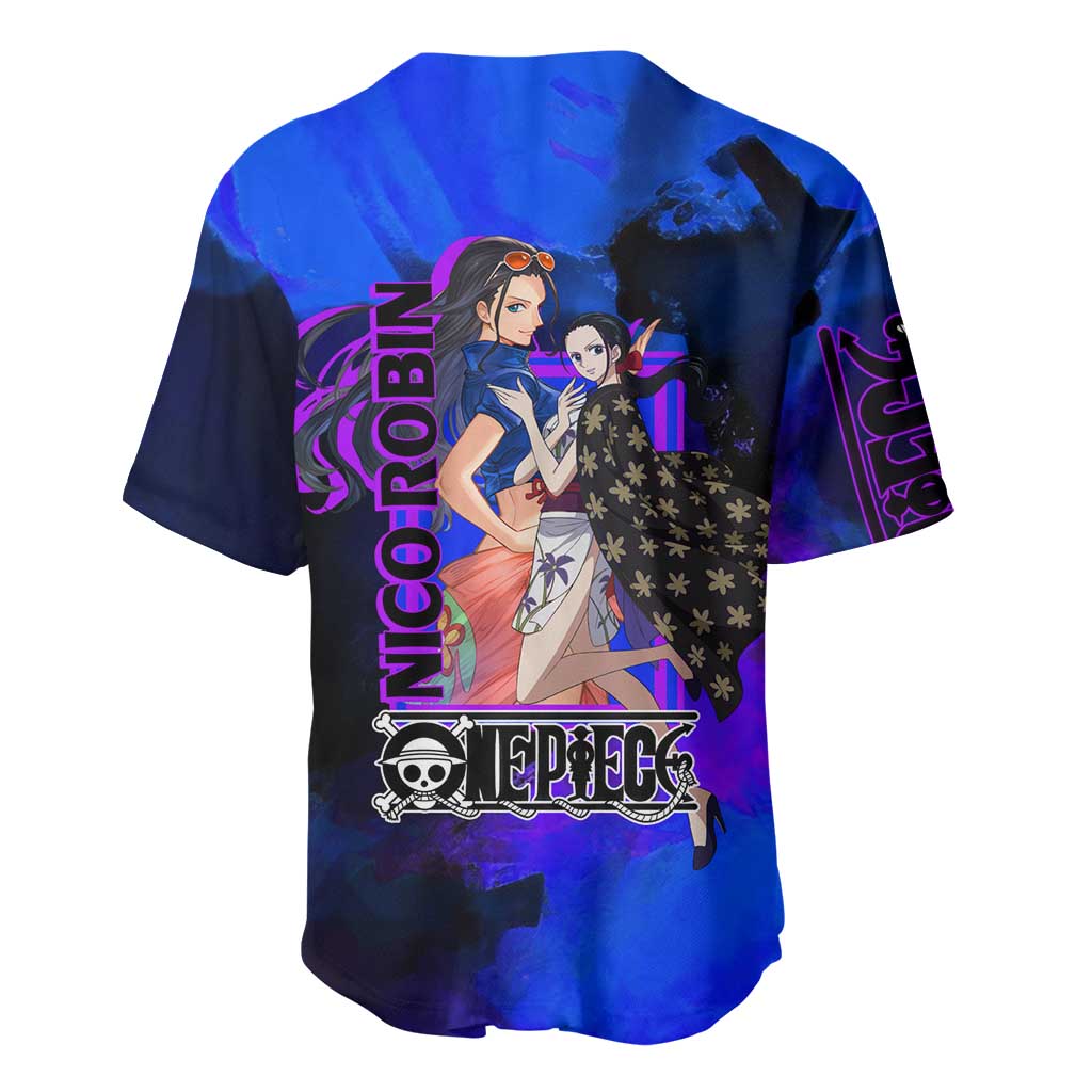 Nico Robin One Piece Purple and Blue Theme Baseball Jersey with Floral Cape and Archaeologist Pose Design - The Mazicc