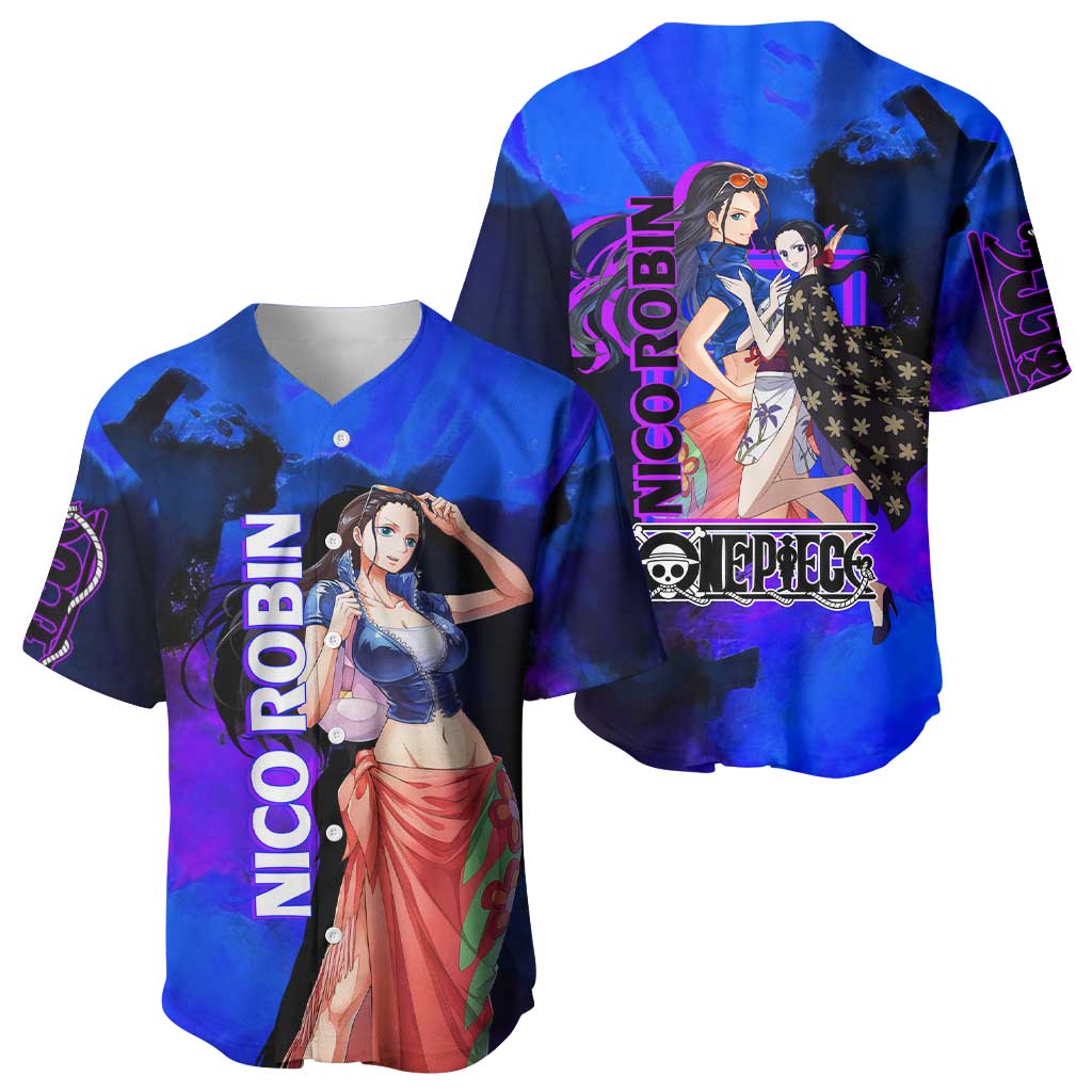 Nico Robin One Piece Purple and Blue Theme Baseball Jersey with Floral Cape and Archaeologist Pose Design - The Mazicc