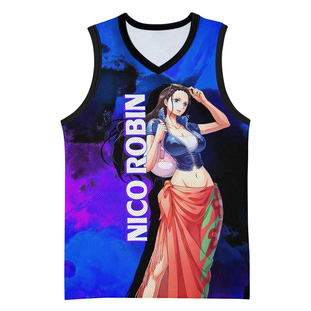 Nico Robin One Piece Purple and Blue Theme Basketball Jersey with Floral Cape and Archaeologist Pose Design - The Mazicc