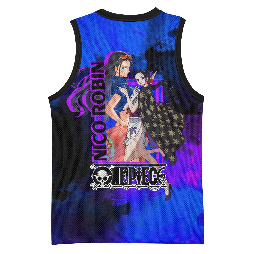 Nico Robin One Piece Purple and Blue Theme Basketball Jersey with Floral Cape and Archaeologist Pose Design - The Mazicc