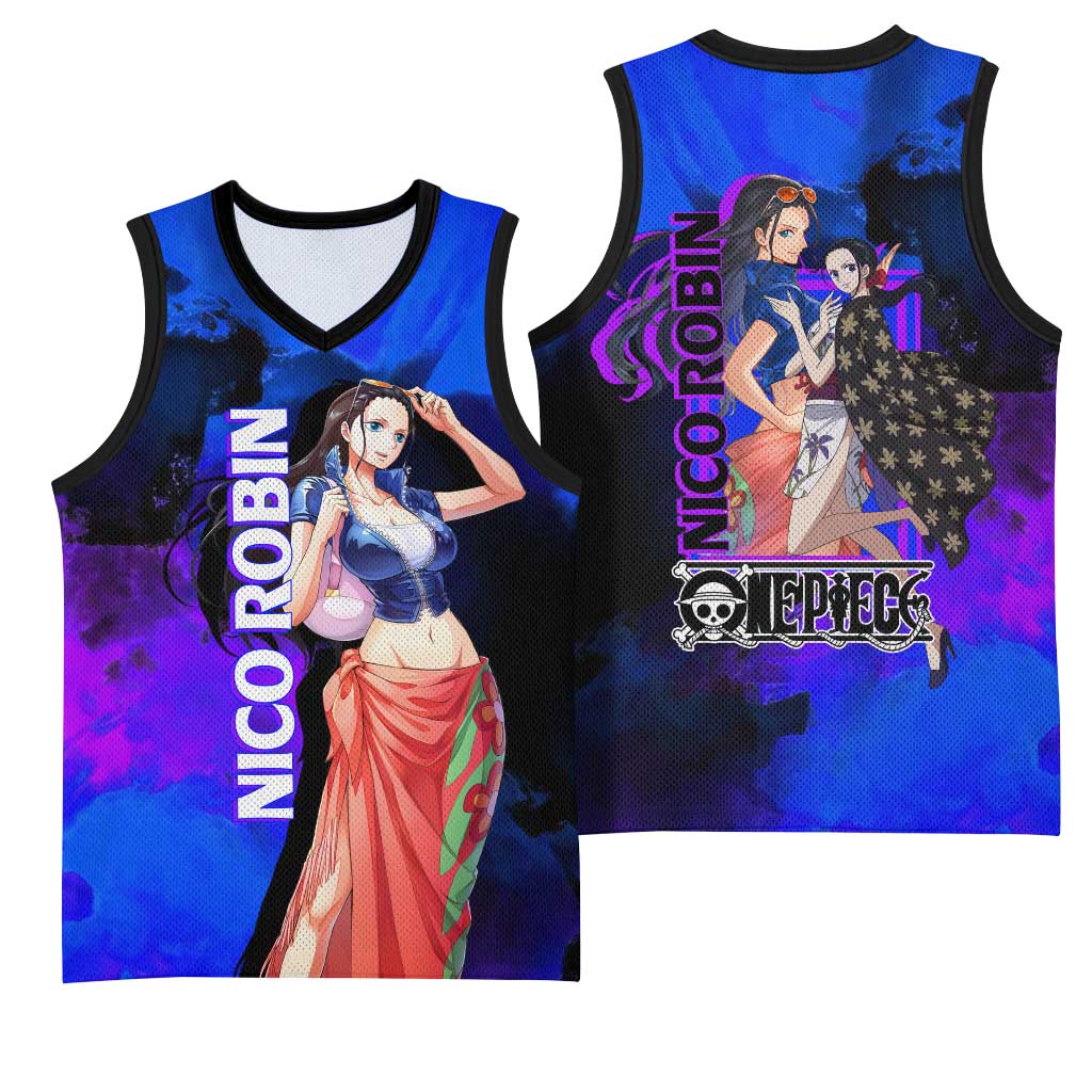 Nico Robin One Piece Purple and Blue Theme Basketball Jersey with Floral Cape and Archaeologist Pose Design - The Mazicc