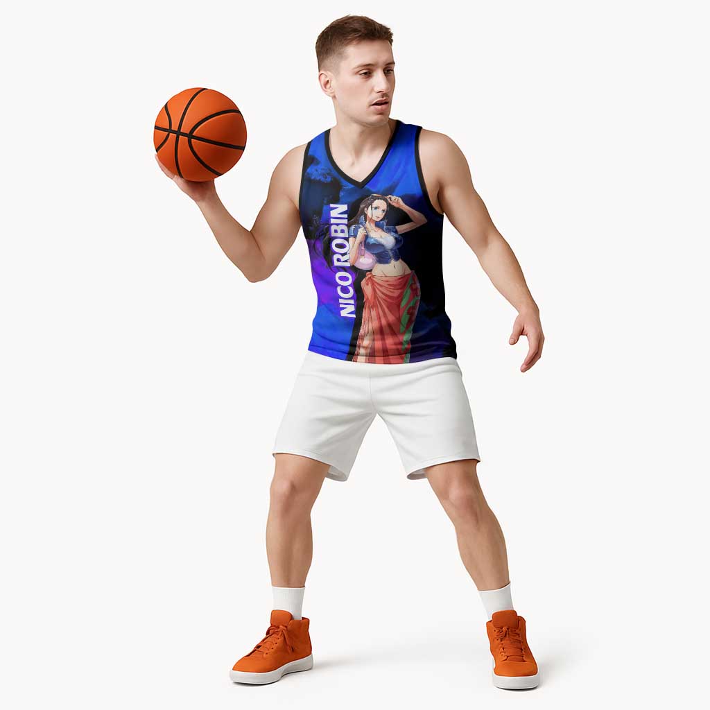 Nico Robin One Piece Purple and Blue Theme Basketball Jersey with Floral Cape and Archaeologist Pose Design - The Mazicc