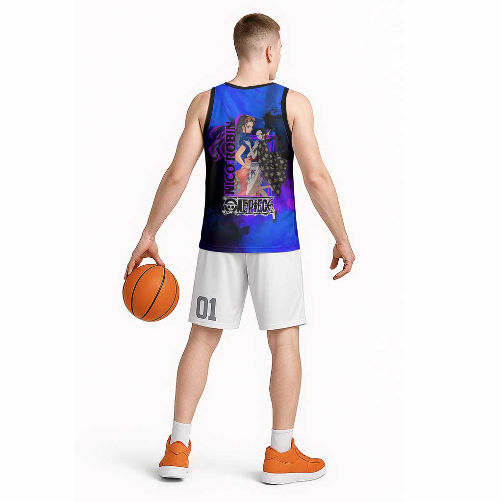 Nico Robin One Piece Purple and Blue Theme Basketball Jersey with Floral Cape and Archaeologist Pose Design - The Mazicc