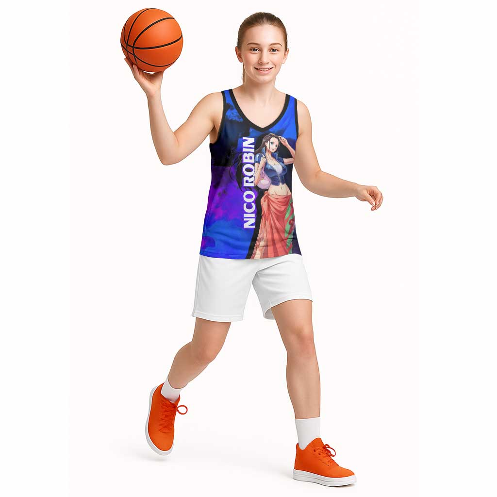 Nico Robin One Piece Purple and Blue Theme Basketball Jersey with Floral Cape and Archaeologist Pose Design - The Mazicc