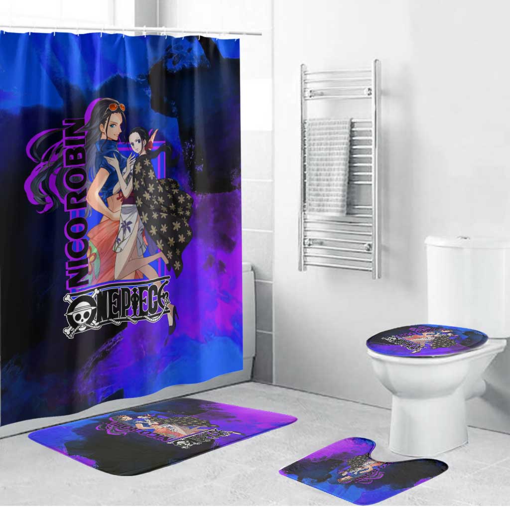Nico Robin One Piece Purple and Blue Theme Bathroom Set with Floral Cape and Archaeologist Pose Design - The Mazicc