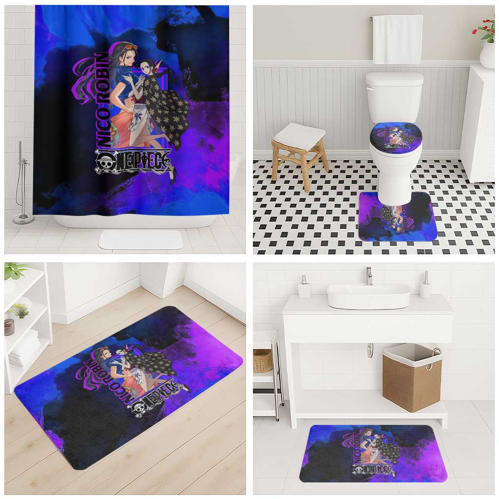 Nico Robin One Piece Purple and Blue Theme Bathroom Set with Floral Cape and Archaeologist Pose Design - The Mazicc