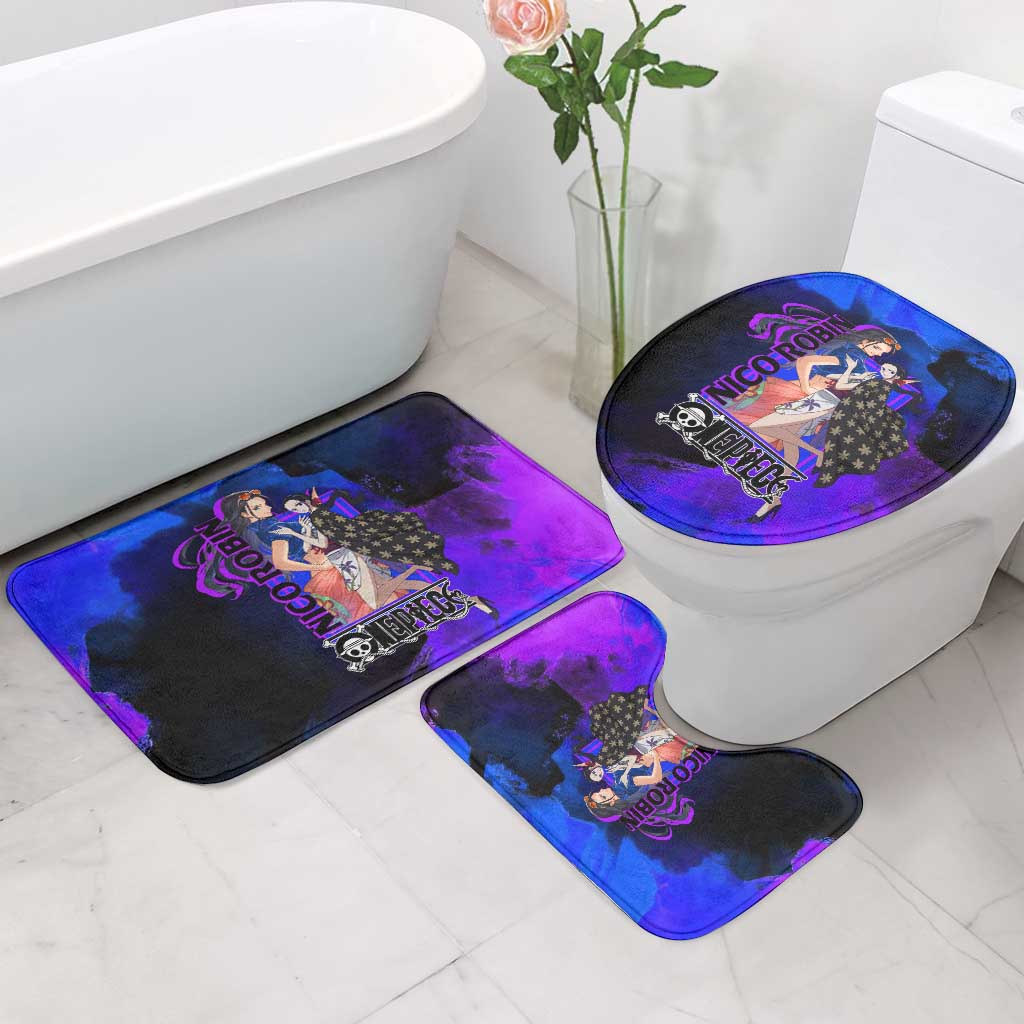 Nico Robin One Piece Purple and Blue Theme Bathroom Set with Floral Cape and Archaeologist Pose Design - The Mazicc