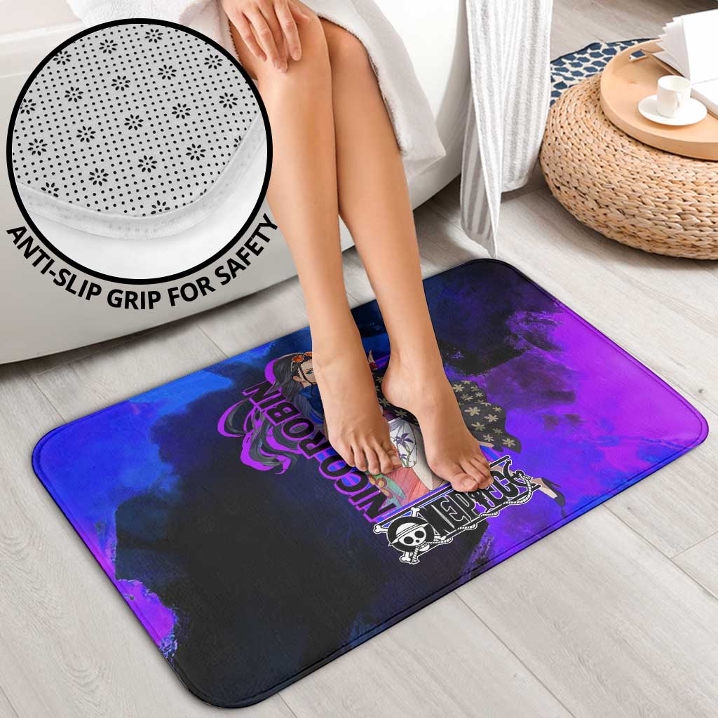 Nico Robin One Piece Purple and Blue Theme Bathroom Set with Floral Cape and Archaeologist Pose Design - The Mazicc
