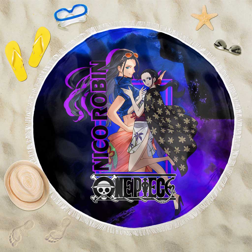 Nico Robin One Piece Purple and Blue Theme Beach Blanket with Floral Cape and Archaeologist Pose Design - The Mazicc