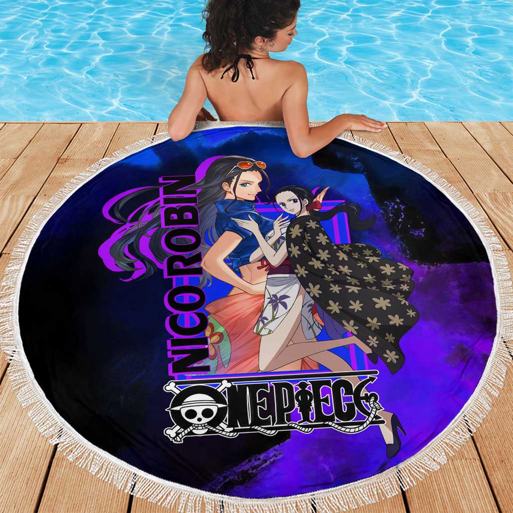 Nico Robin One Piece Purple and Blue Theme Beach Blanket with Floral Cape and Archaeologist Pose Design - The Mazicc