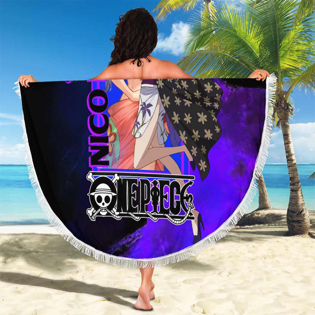 Nico Robin One Piece Purple and Blue Theme Beach Blanket with Floral Cape and Archaeologist Pose Design - The Mazicc