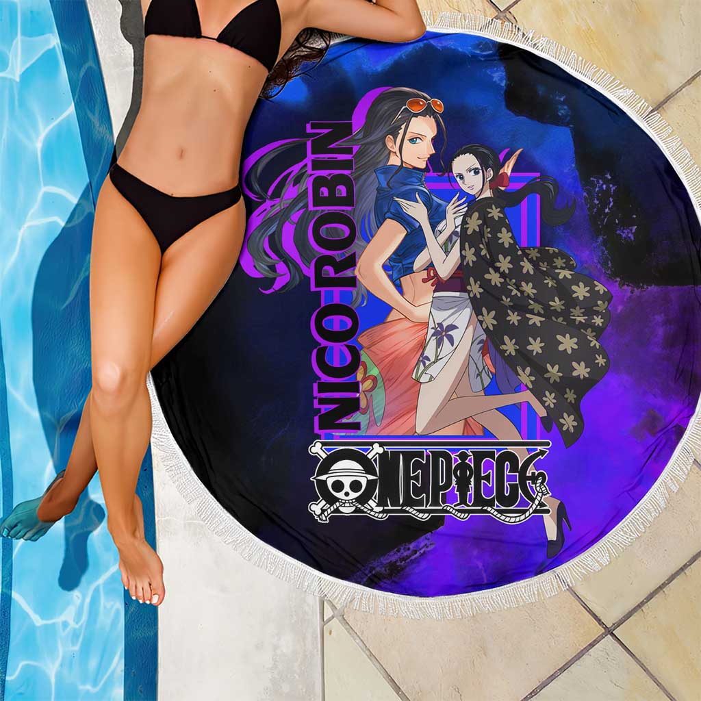 Nico Robin One Piece Purple and Blue Theme Beach Blanket with Floral Cape and Archaeologist Pose Design - The Mazicc