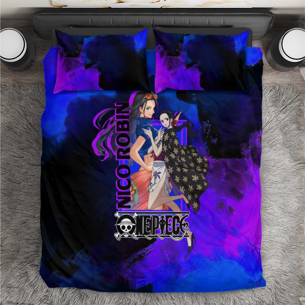 Nico Robin One Piece Purple and Blue Theme Bedding Set with Floral Cape and Archaeologist Pose Design - The Mazicc