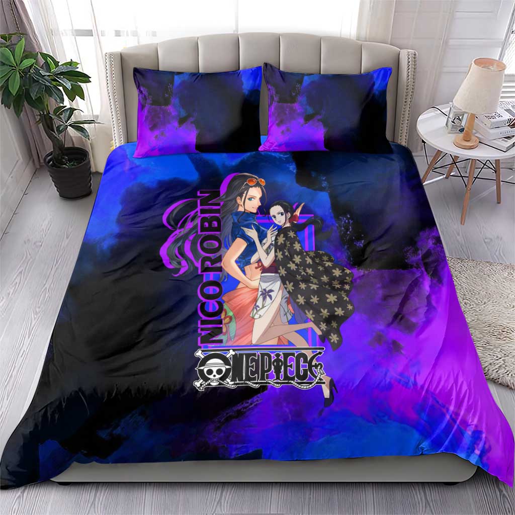 Nico Robin One Piece Purple and Blue Theme Bedding Set with Floral Cape and Archaeologist Pose Design - The Mazicc
