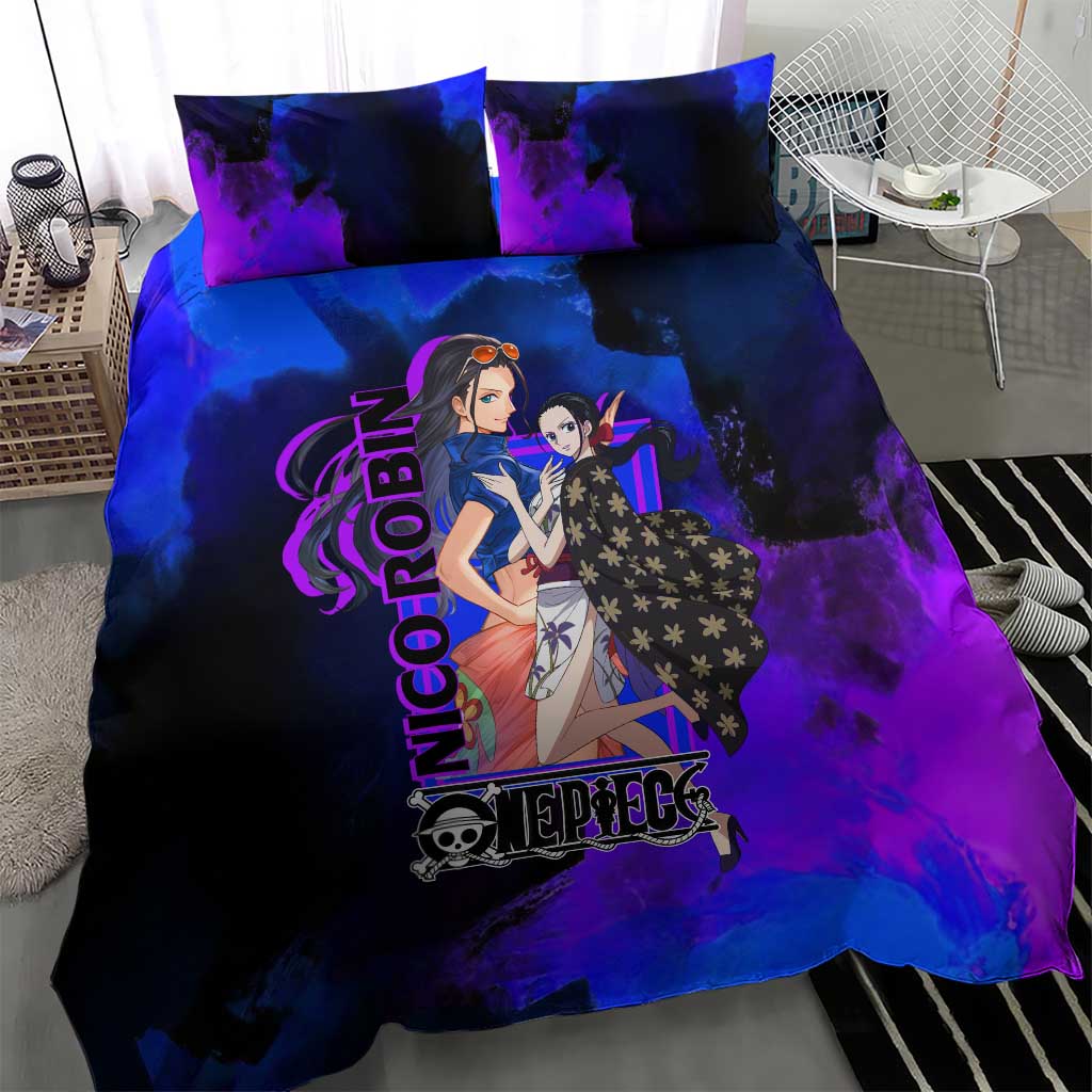 Nico Robin One Piece Purple and Blue Theme Bedding Set with Floral Cape and Archaeologist Pose Design - The Mazicc