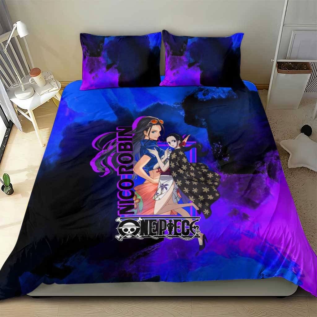 Nico Robin One Piece Purple and Blue Theme Bedding Set with Floral Cape and Archaeologist Pose Design - The Mazicc