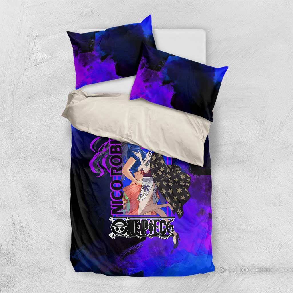 Nico Robin One Piece Purple and Blue Theme Bedding Set with Floral Cape and Archaeologist Pose Design - The Mazicc