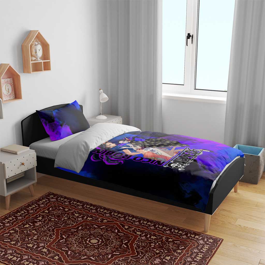 Nico Robin One Piece Purple and Blue Theme Bedding Set with Floral Cape and Archaeologist Pose Design - The Mazicc